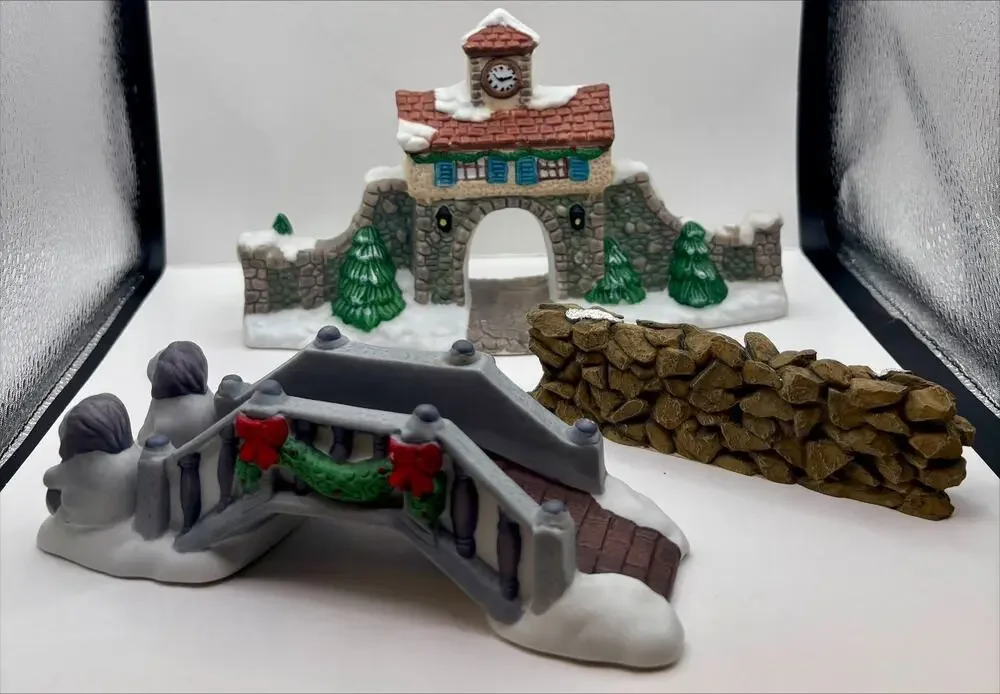 Lot of 3 Christmas Village Porcelain & Resin Clock Tower Gate, Bridge, Rock Wall